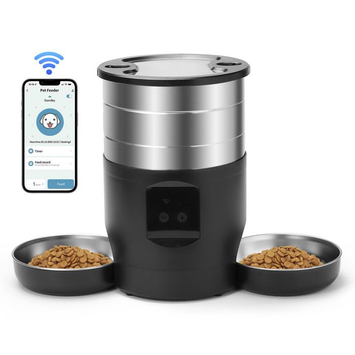 Distributeur Automatique Croquettes Chat Chien Wifi 4.5L - Gamelle Connectée Double Bol Inox - Mangeoire Intelligente Programmable
