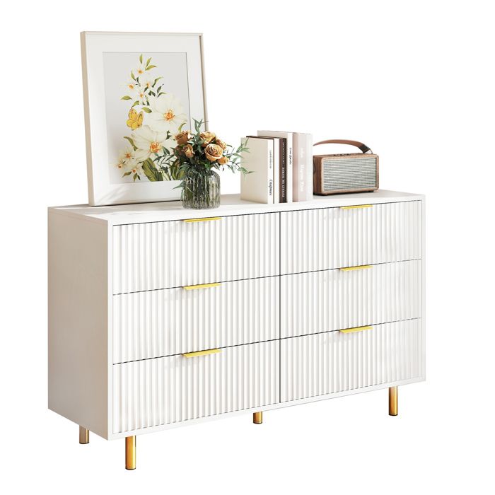 Commode blanche et dorée 6 tiroirs meuble de rangement contemporain H72x120x40 cm