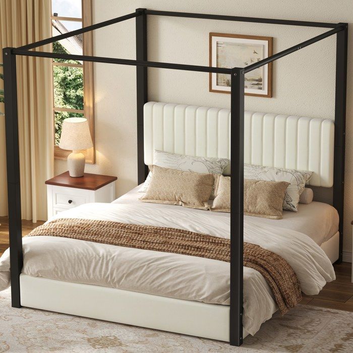 Lit baldaquin 180 × 200 cm avec tête de lit rembourrée cadre métallique - TCQPZ - velours beige et noir