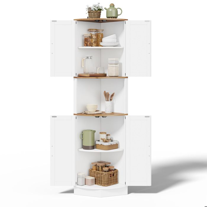 Placard d’angle 395×395×180cm style vintage bois blanc 5 espaces de rangement meuble compact rustique sécurité intégrée