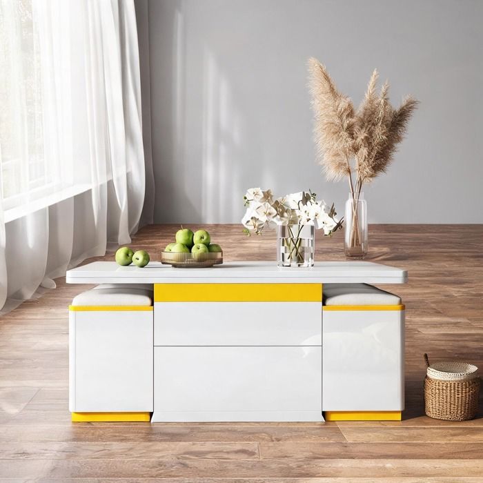 Table basse relevable blanche 100x50 cm avec 4 tabourets design moderne en MDF laqué