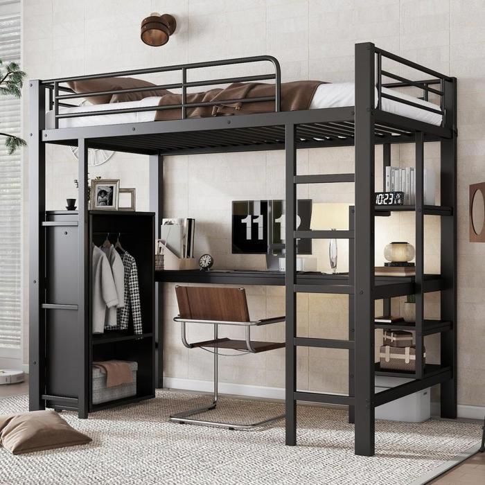 Lit superposé - KOMHTOM - 90 x 200 cm - Bureau et armoire intégrés - Métal noir - Échelle 5 marches Lit superposé - KOMHTOM - 90 x 200 cm - Bureau et armoire intégrés - Métal noir - Échelle 5 marches