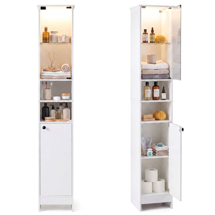 COSTWAY Colonne de Salle de Bain 170 cm avec LED Porte Verre Étagères Réglables & Compartiments pour Salle de Bain Cuisine Blanc