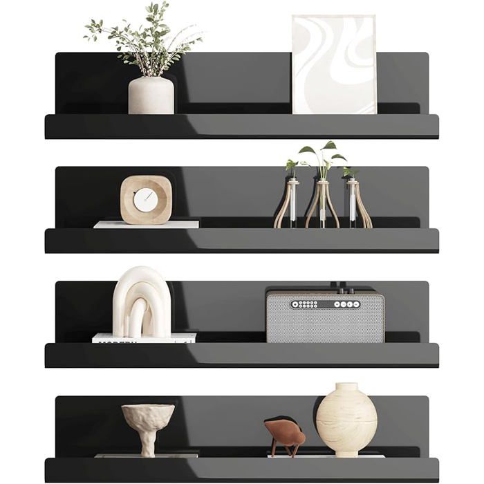 Etagere Murale sans Percage Lot de Noir Acrylique Étagère Murale pour Livres et PhotosÉtagère sans Percer Noir(4pc)