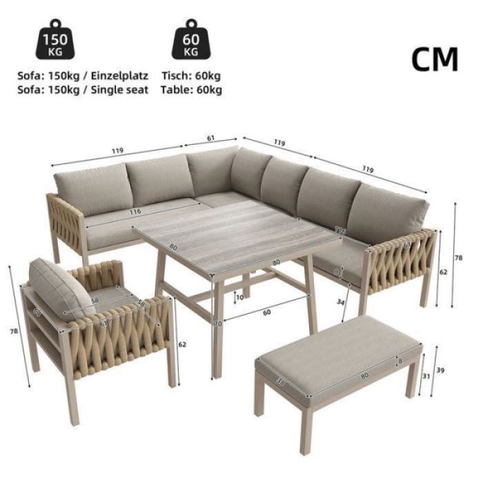 Salon de jardin modulable dangle 6 places beige fer galvanisé assise en corde tressée table verre trempé pieds ajustables