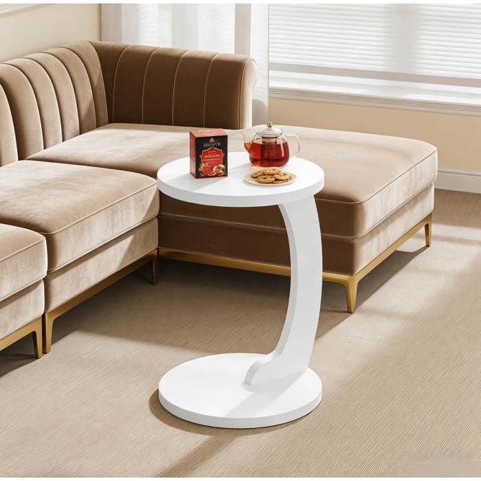 Table basse d’appoint en C – Blanche – MDF – Ronde – 38 cm