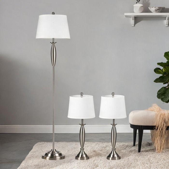 Lot de 3 lampes modernes en tissu et métal argenté – 1 lampadaire et 2 lampes à poser pour salon ou chambre