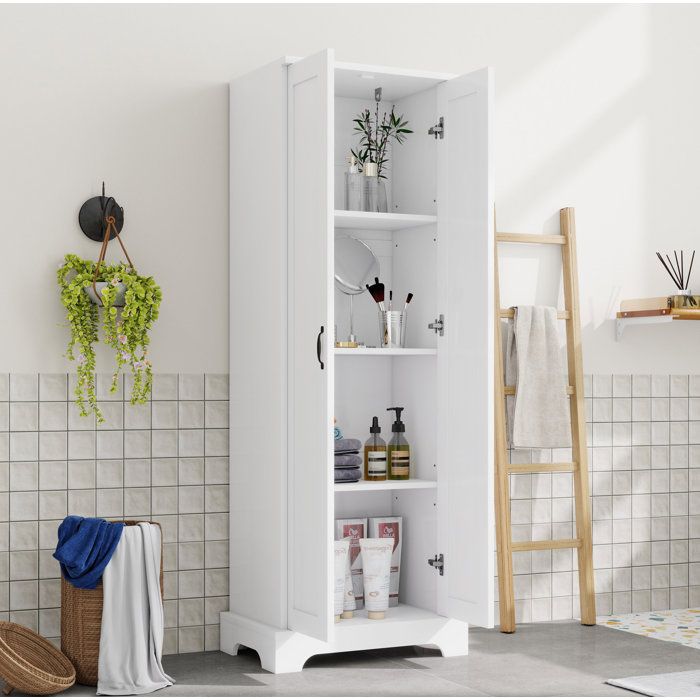 WUVRIE Armoire haute de salle de bain 56 x 40 x 170 cm en MDF blanche 2 portes étagères réglables soft-close