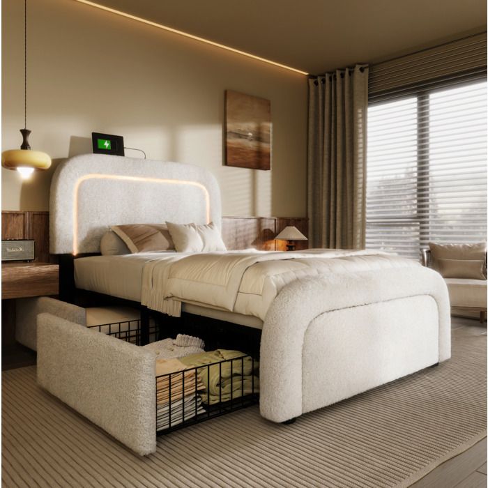 Lit simple rembourré 90 x 200 cm avec LED USB et Type-C 2 tiroirs tête de lit réglable sherpa blanc