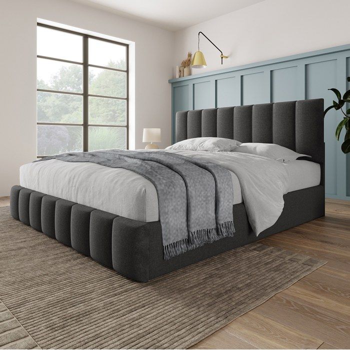 ROVRYN Lit coffre hydraulique 140 x 200 cm gris avec matelas tête de lit réglable sommier à lattes en métal
