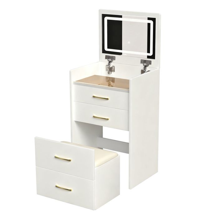 Meuble coiffeuse vertical blanc 3 en 1 avec miroir LED escamotable à 3 lumières quatre grands tiroirs poignées dorées