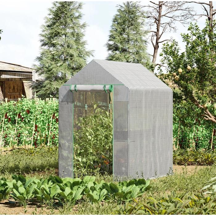 Serre de jardin begehbare en plastique blanc 120 x 186 x 190 cm avec porte zippée et 4 étagères