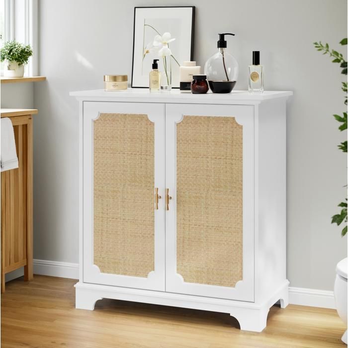 Buffet Bas 2 Portes En Rotin Naturel Blanc Avec Étagère Réglable Meuble De Rangement Pour Cuisine Entrée Salon 80 x 38 x 86 cm