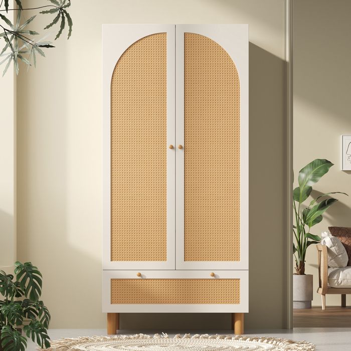Armoire penderie 85x52x180 cm-2 portes battantes avec cannage rotin-1 grand tiroir-tringle-étagères réglables-Blanc