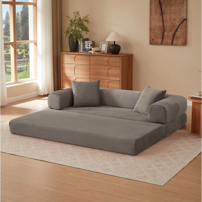 ELVORIN canapé convertible modulable 3 places 195 x 89 x 59 cm velours côtelé respirant mousse froide taupe sans montage