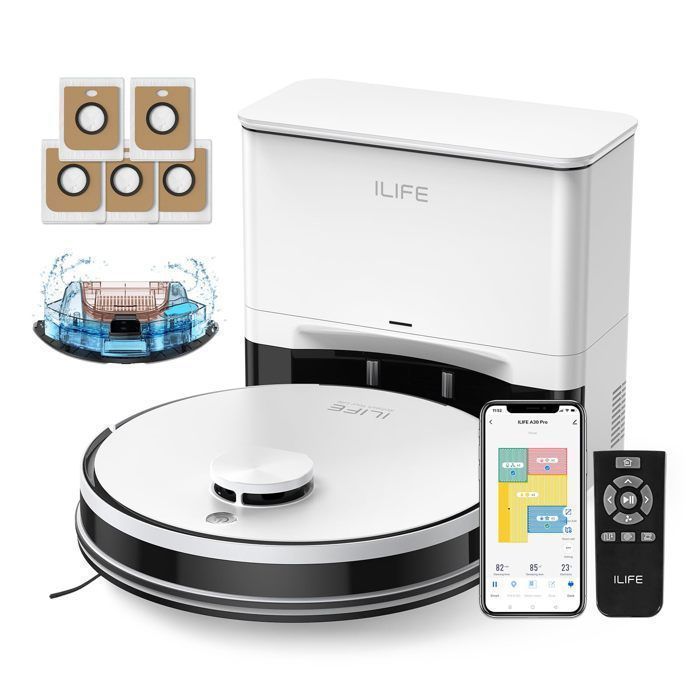 Aspirateur Robot Laveur ILIFE A30 Pro, Vidage Automatique 60 Jours, 10 000 Pa, Autonomie 180 Min, Navigation Laser, Poils Animaux