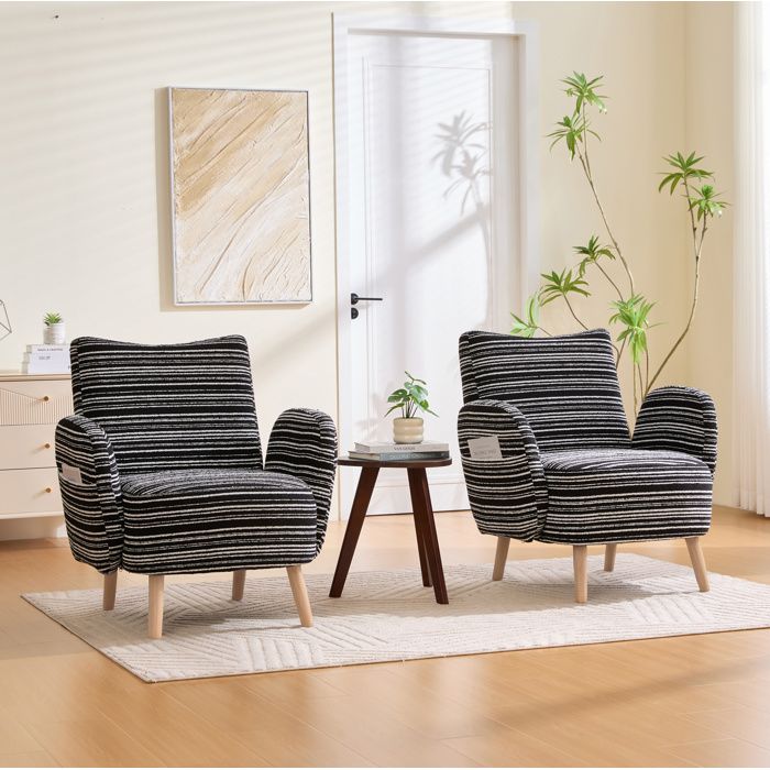 Fauteuil moderne en tissu bouclé noir avec poche latérale pieds en bois massif chaise de lecture