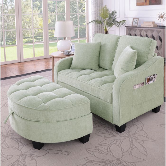 Canapé-lit 2-en-1 AESVAR avec pouf de rangement bois d’eucalyptus tissu respirant cyan