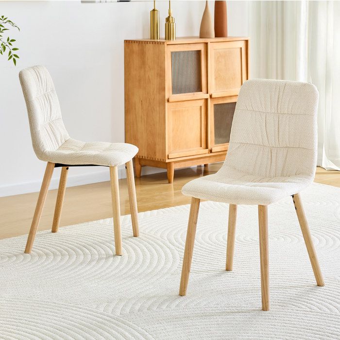 Chaises de Salle à Manger Lot de 2 avec Dossier Ergonomique - ELVMI - Pieds en Chêne Massif Tissu Blanc et Bois