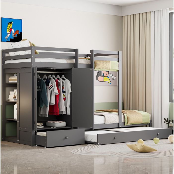 Lit superposé 90 x 200 cm en bois massif gris avec lit gigogne armoire intégrée tiroirs et étagères