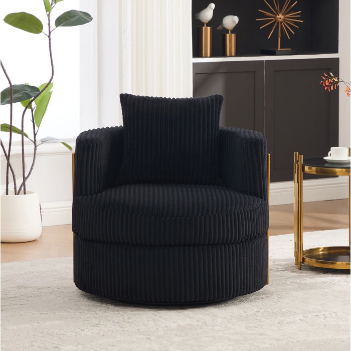 MEUBLIV Fauteuil pivotant 360° 1 place en velours côtelé noir avec rangement sous l’assise