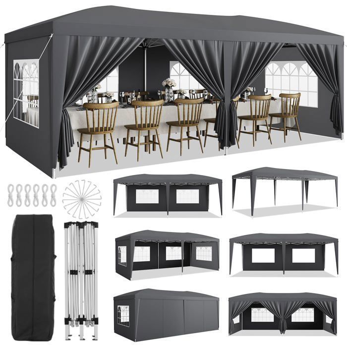 Tonnelle Pliante 3x6 m – 6 Parois Amovibles 3 Hauteurs Réglables – 18 Piquets 6 Cordes – Gris – Pour Fêtes et Événements
