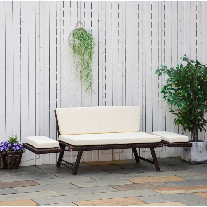 Canapé de jardin 2 places avec accoudoirs rabattables et coussins pour intérieur et extérieur en métal et rattan marron