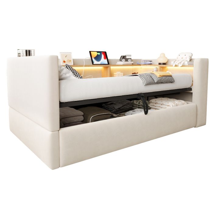 Lit simple 90 x 190 cm beige en flanelle avec coffre hydraulique LED prise niches et sommier a lattes