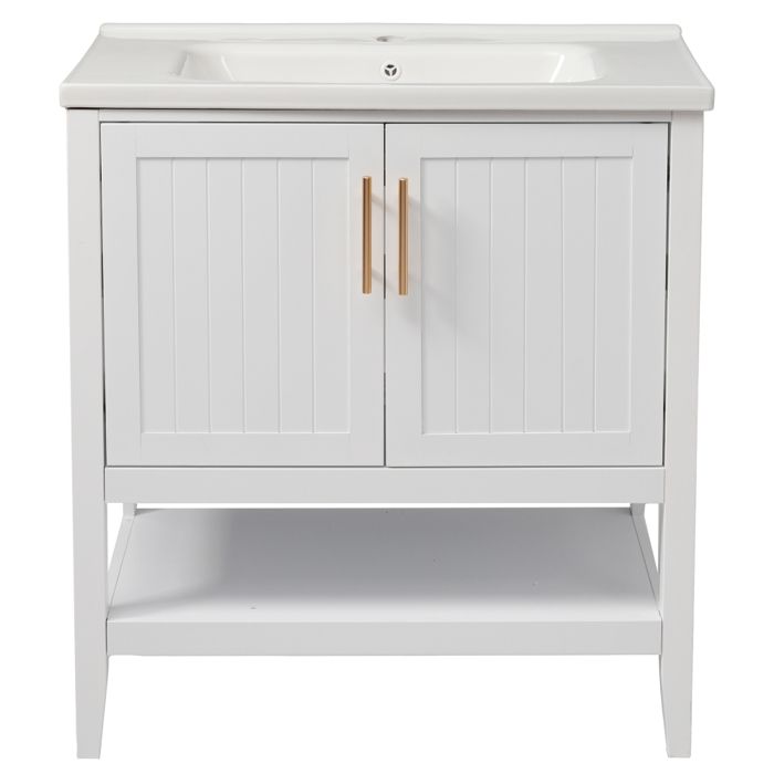 Meuble vasque salle de bain sur pied avec lavabo en céramique finition laquée rangement pratique et design moderne blanc Meuble vasque salle de bain sur pied avec lavabo en céramique finition laquée rangement pratique et design moderne blanc