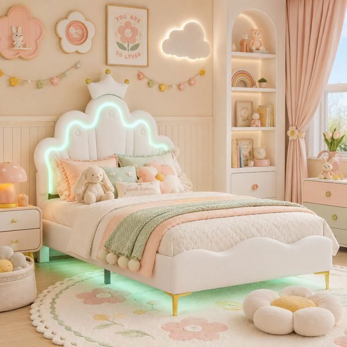 Lit Fille 90x200CM avec Sommier - Éclairage LED RGB - Lit Enfant Princesse avec Tête de Lit Couronne Réglable - 1 Place - PU -Blanc