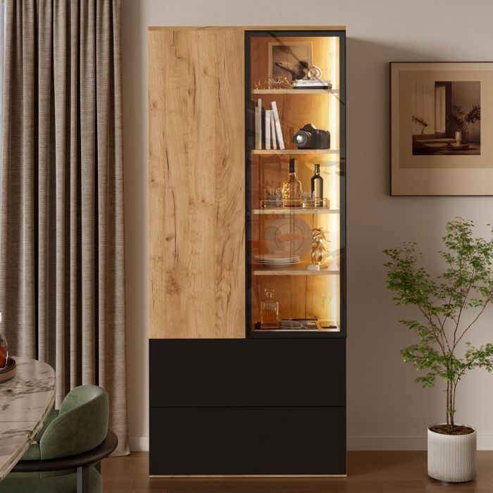 Vitrine LED - 160 cm - avec 2 Portes - 2 Tiroirs - 6 Étagères Réglables - Noir et Bois - Buffet Haut Vitrine LED - 160 cm - avec 2 Portes - 2 Tiroirs - 6 Étagères Réglables - Noir et Bois - Buffet Haut