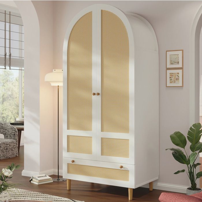 Armoire penderie blanche 80 x 50 x 180 cm en MDF design en arche cannage naturel 1 tiroir