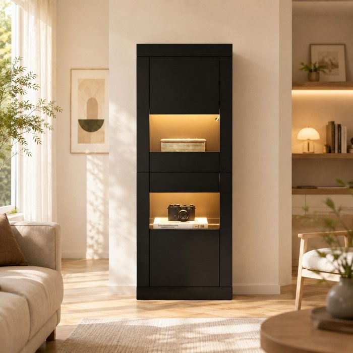 Vitrine avec porte et LED - armoire de rangement - pour salon - bureau ou cuisine - 61x42x162cm - Noir