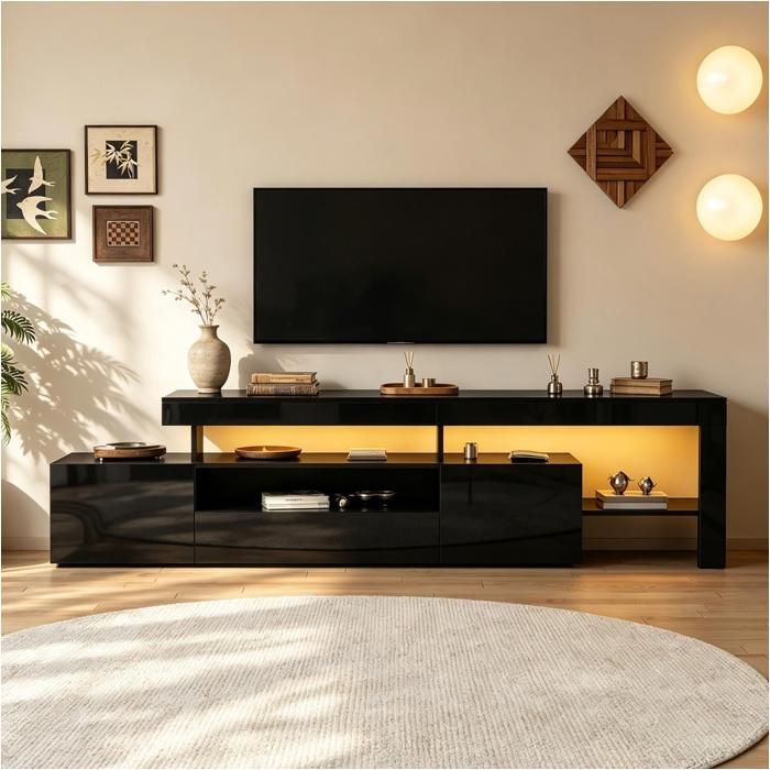 Meuble TV LED 192 × 37 × 53 cm Noir Brillant 3 Portes Abattantes Rangements Ouverts pour TV Jusqu’à 85 Pouces Meuble TV LED 192 × 37 × 53 cm Noir Brillant 3 Portes Abattantes Rangements Ouverts pour TV Jusqu’à 85 Pouces