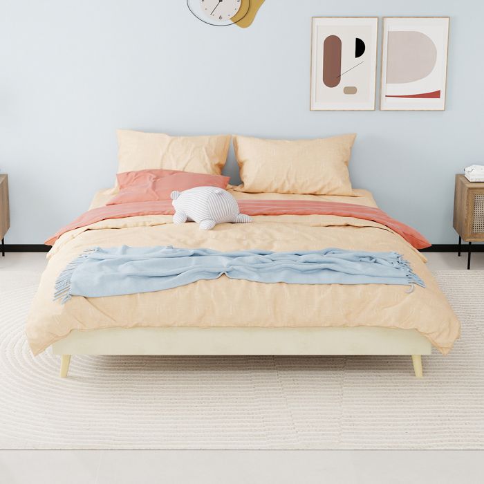 URTR Lit plateforme moderne 160x200 velours hollandais coffre bas sans vérin sans tête de lit ni matelas élégant beige