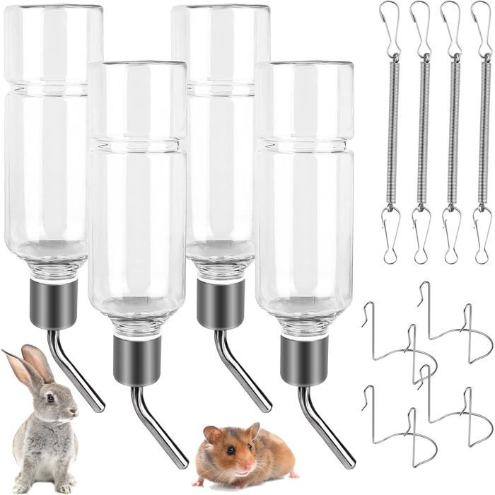 4 Pièces Biberon Lapin 350ml Abreuvoir Automatique avec Support Suspendu sans Goutte à Goutte pour Rongeurs Cochons dInde
