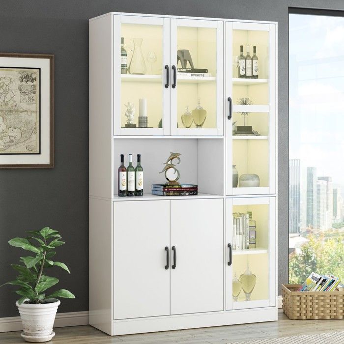 Vitrine‑Argentier Blanche 120x40x200cm Éclairage LED Étagères Bibliothèque Buffet Garde‑manger Pour Salon Et Chambre