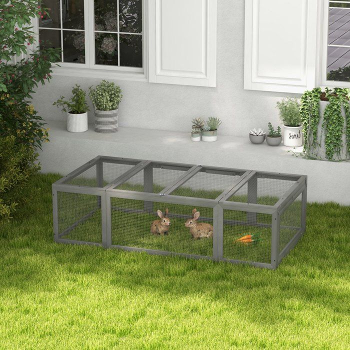 Enclos extérieur pour lapins et cobayes en bois gris grillage métallique toit ouvrant 180 x 90 x 48 cm