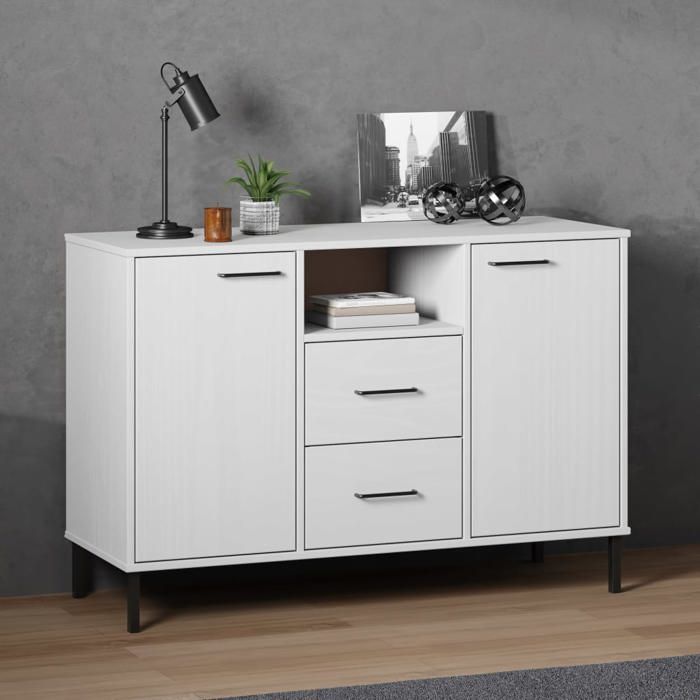 ELORAN Buffet bas Contemporain - Meuble Commode - Buffet OSLO - avec pieds en métal - Blanc - 113x40x77 cm - Bois massif 97579