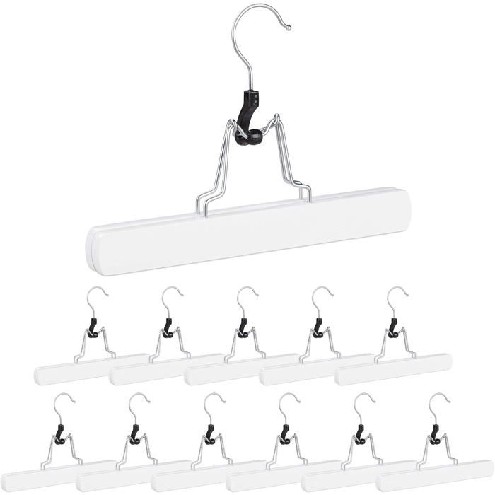 Cintre Pince Bois Lot de 12 Jupe Pantalon Crochet 360° Feutre HxlxP: 17 x 25 x 2 3 cm Blanc métal