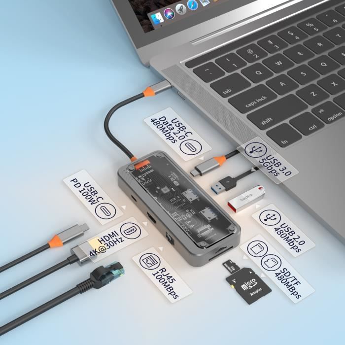 Hubs | Adaptateur multiport Ultraléger 8 en 1 en aluminium