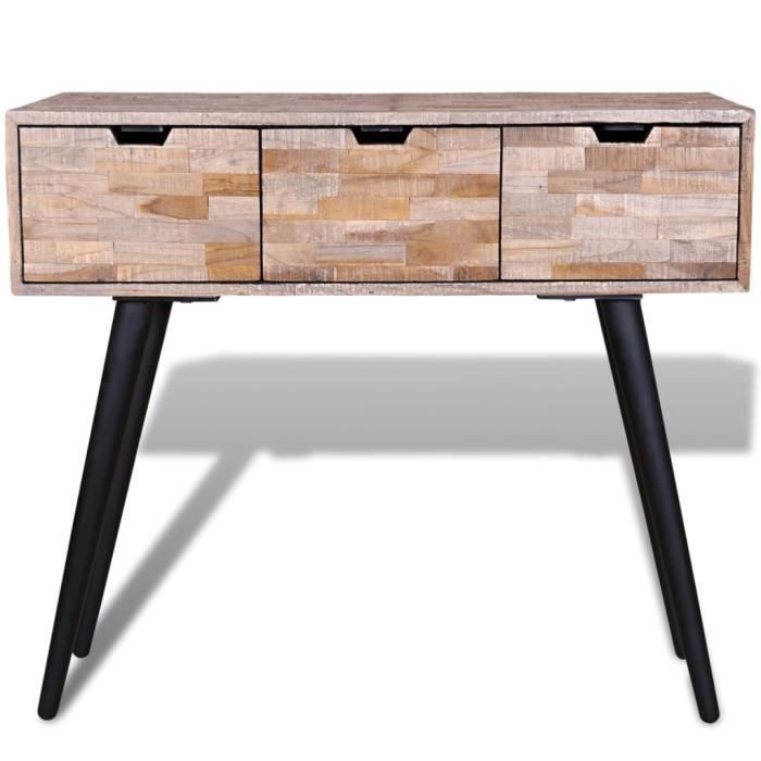 Table Console En Bois Avec 3 Tiroirs Et Compartiment Ouvert - 130x30x80 Cm - Style Rustique Tressé - Pour Entrée, Salon, Chambre - 6