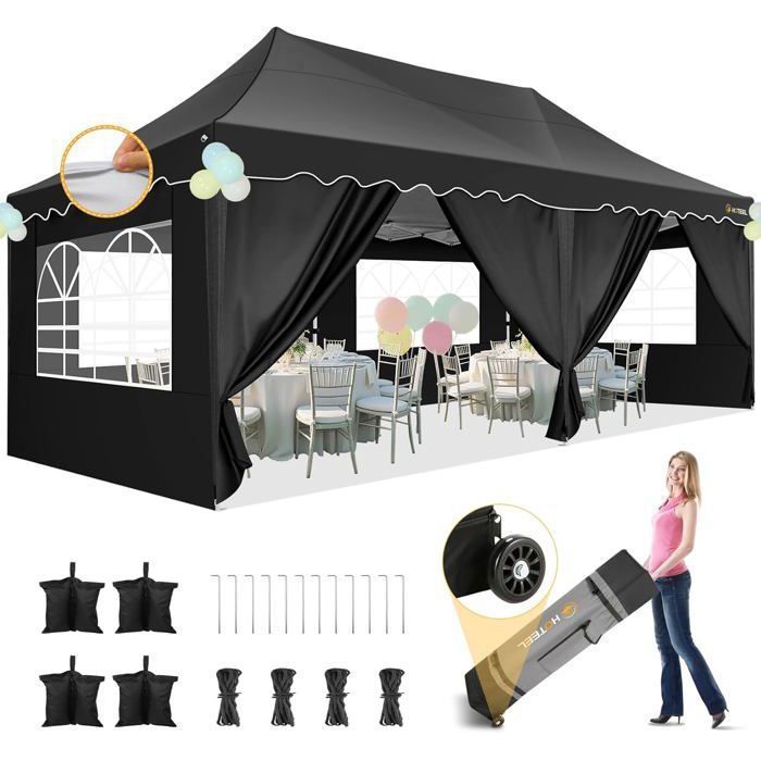 Tonnelle Pliante 3x6 Barnum Pavillon de Jardin impermeable avec 6 Côtés pour fête Jardin Festival marché Mariage - Noir