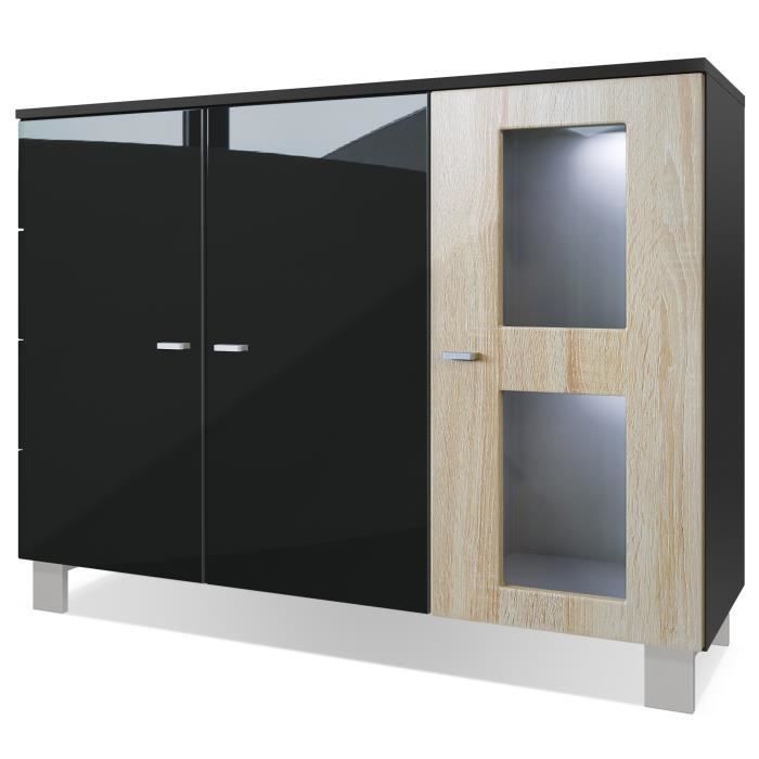 Vladon Buffet Armoire Denjo, Corps en Noir mat Façades en Noir haute