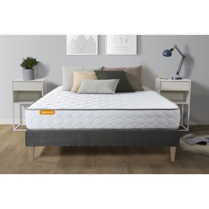 Ensemble matelas sommier 140x190 Memo Mémoire de forme - Septnuits - Très ferme - Mousse HR - Gris