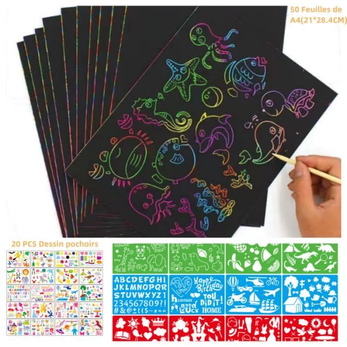 20 Feuilles Dessin Gratter Pour Enfants Gratter Papier Avec 2 Stylos En
