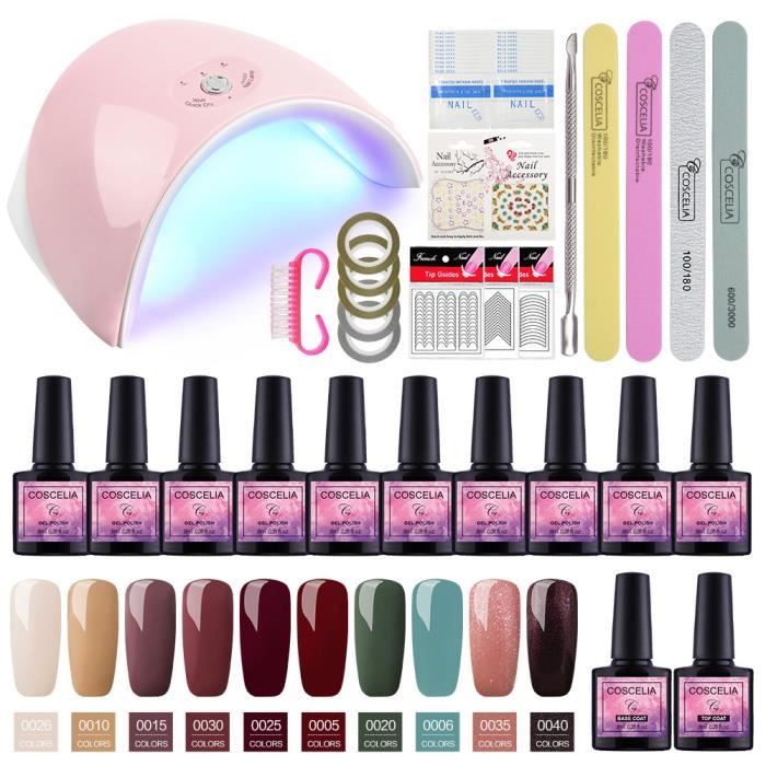 Coscelia Kit Manucure Vernis Semi Permanent 36w Machine à Ongle Gel Uv 10 Couleurs Top Coat Base Coat Nail Art Stickers Dissolvant