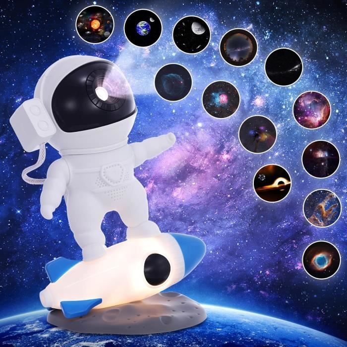 Astronaute Projecteur avec Rotation à 360° et 12 Disques de Galaxie en 4K HD, Veilleuse Enfant avec Minuteur, Lampe étoilée Cadeaux