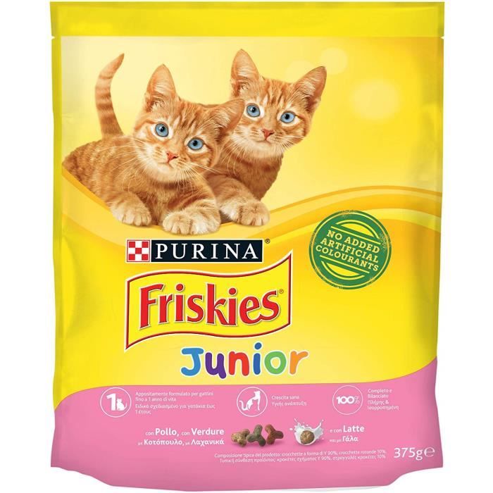 Friskies Junior Croquettes pour Le Chat, avec Poulet, Lait et légumes ajoutées, 375 g Lot de 12 pièces -