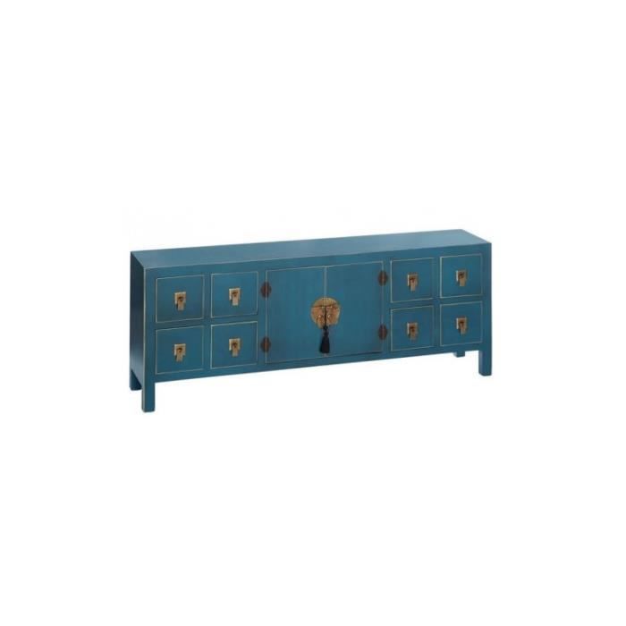 meuble tv bois bleu à motifs 8 tiroirs 2 portes métal oriente